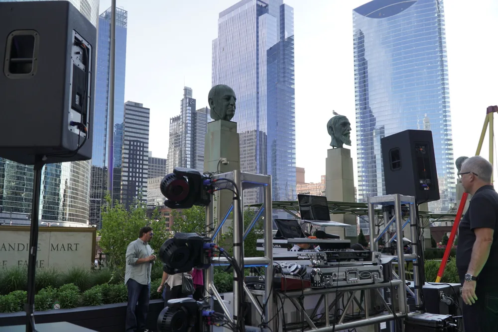 Hot Mix DJ setup at Merchandise Mart with Chicago skyline