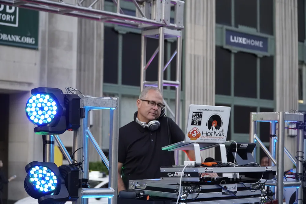 Scott DJing outdoor corporate event at Merchandise Mart