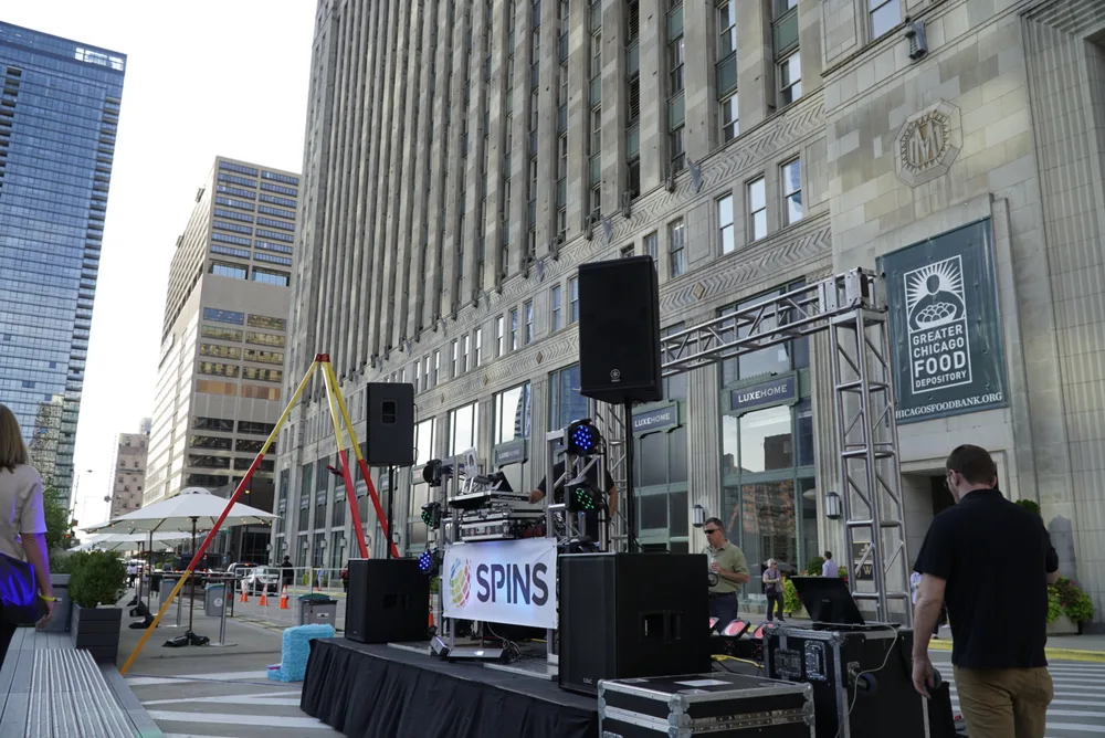 Hot Mix stage and speaker setup at downtown Chicago corporate event