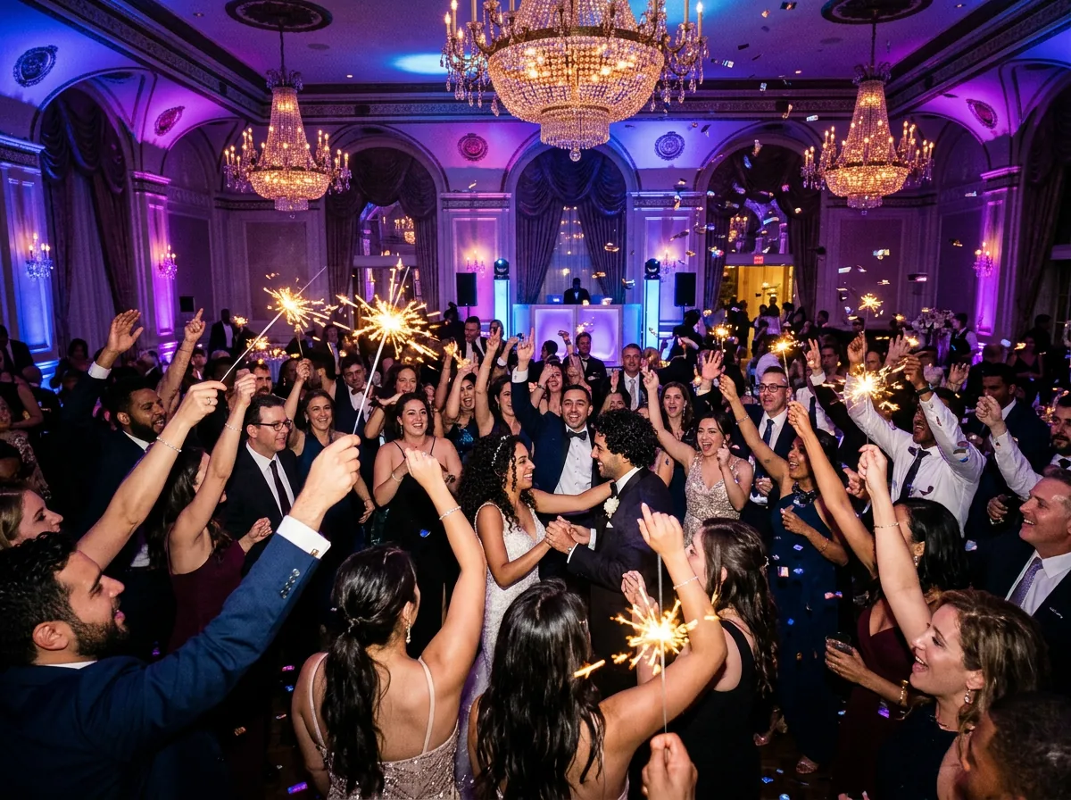Guests dancing with arms raised under dramatic uplighting and sparklers at a Chicago wedding