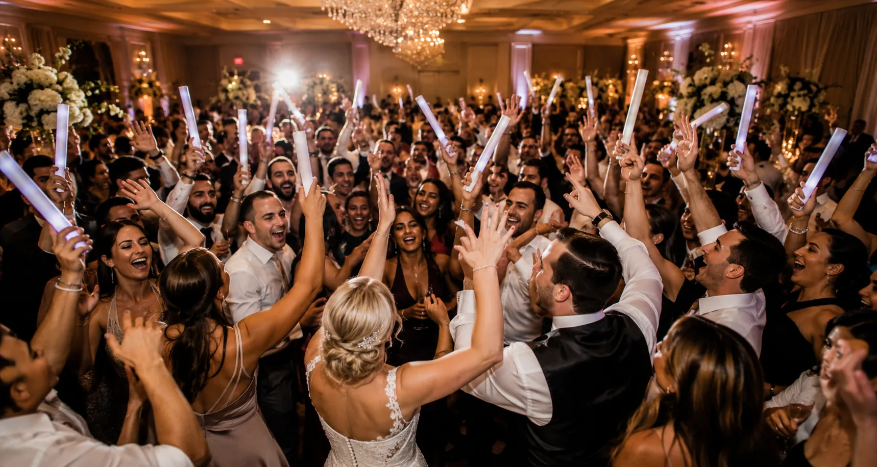Newlyweds celebrating on a packed wedding dance floor surrounded by cheering guests