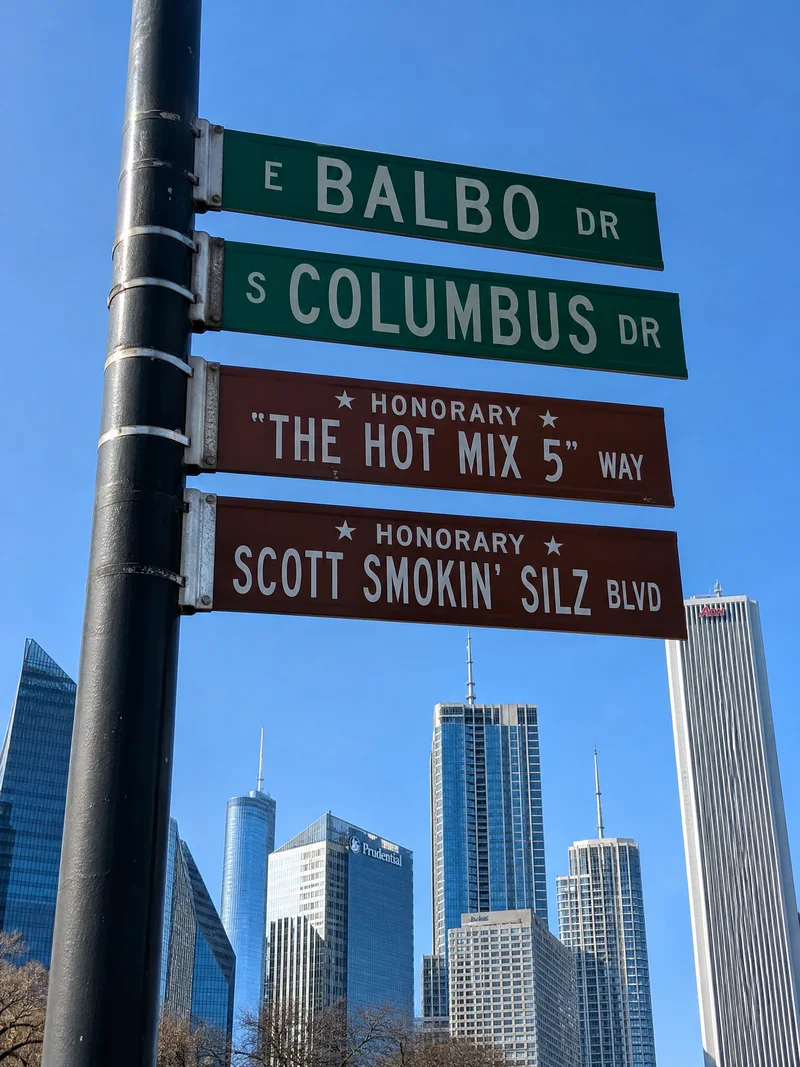 Honorary Chicago street signs reading The Hot Mix 5 Way and Scott Smokin' Silz Blvd at Columbus Drive and Balbo Avenue