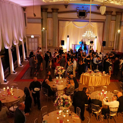 Dance floor lit with dramatic club-style special-effect lighting