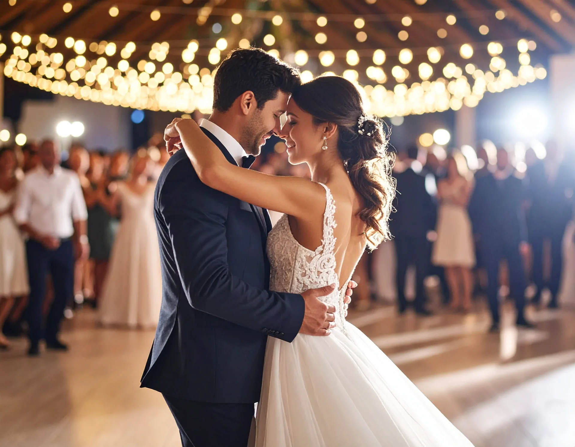 Bride and groom laughing during a fun wedding reception game
