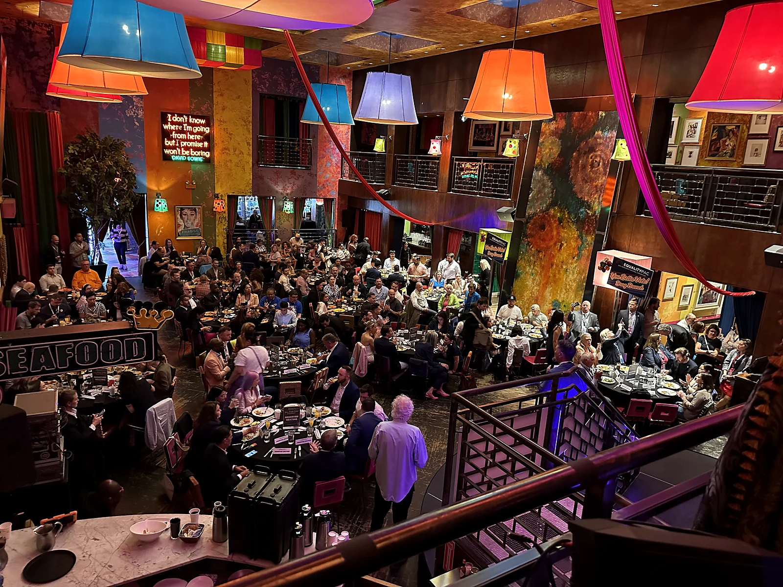 Aerial view of an elegant seated dinner event at a vibrant Chicago venue