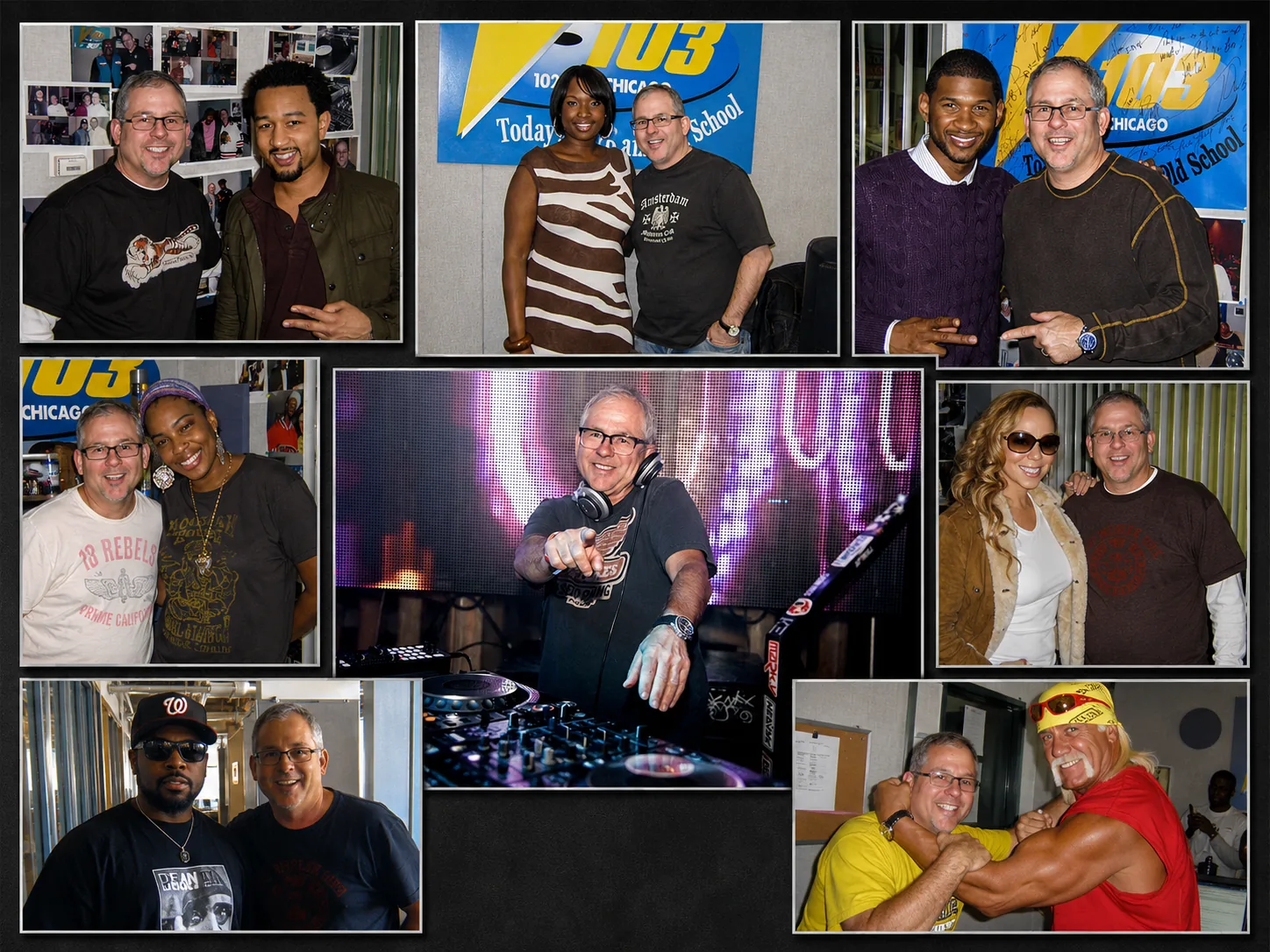Scott Smokin' Silz with celebrities including John Legend, Jennifer Hudson, Usher, Mariah Carey, and Hulk Hogan