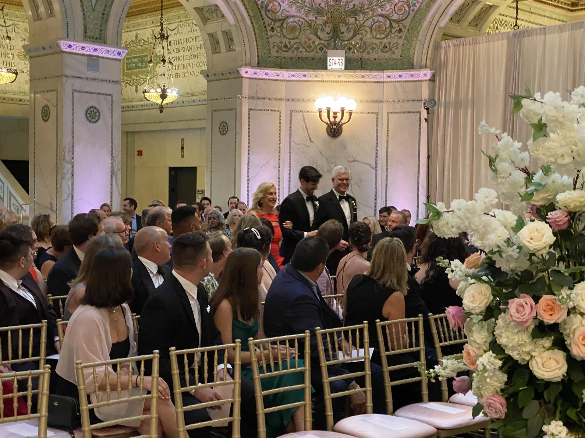 Ornate Chicago ballroom set for a wedding ceremony