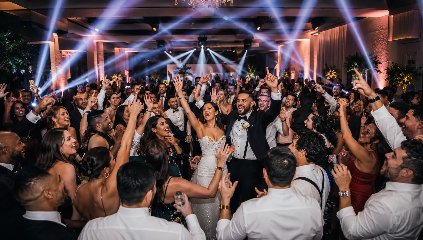 Bride and groom surrounded by cheering guests with hands raised under dramatic beam lighting at a Hot Mix Entertainment wedding