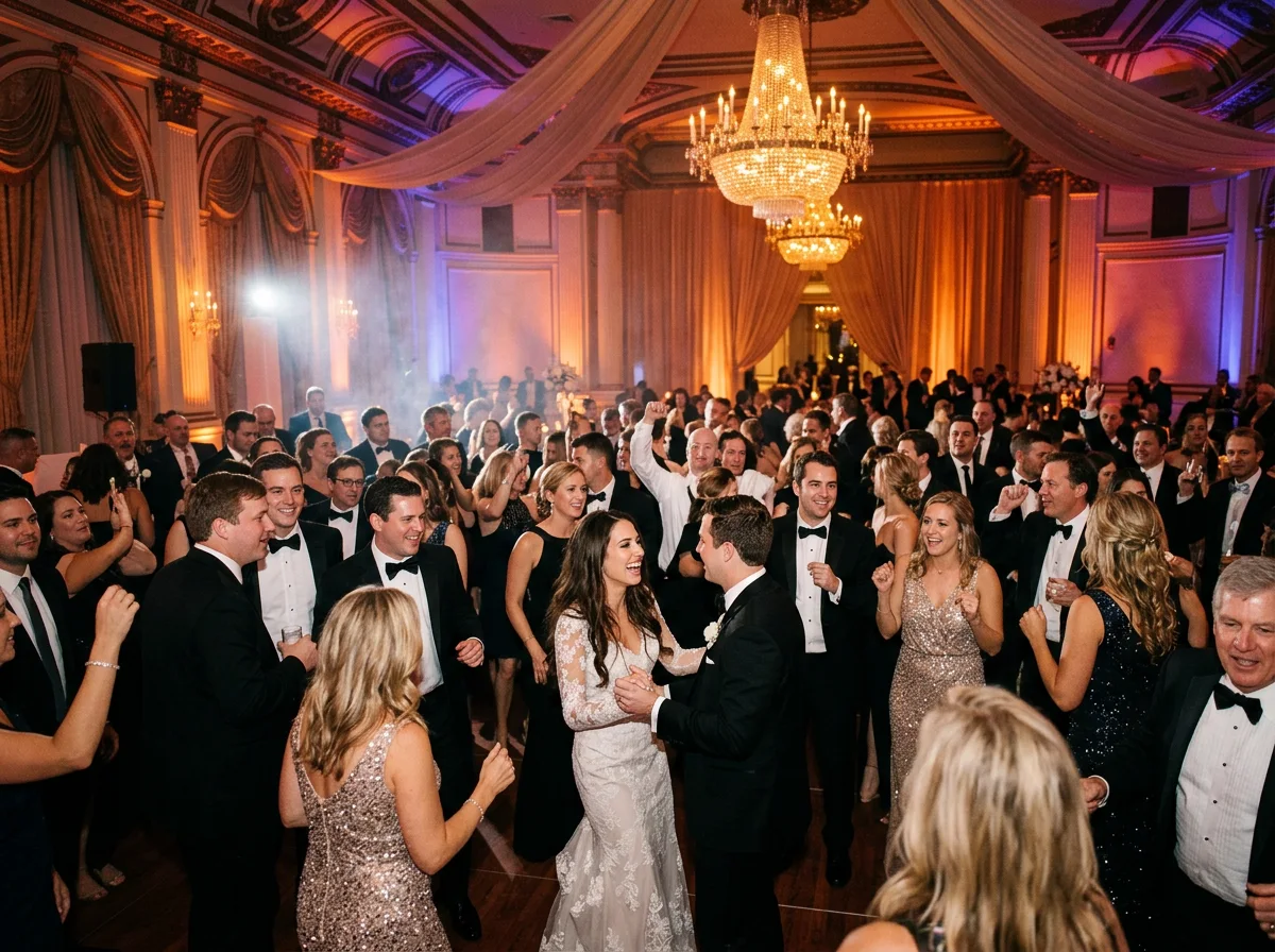 Packed wedding reception dance floor with dramatic uplighting and guests dancing at a Chicago ballroom
