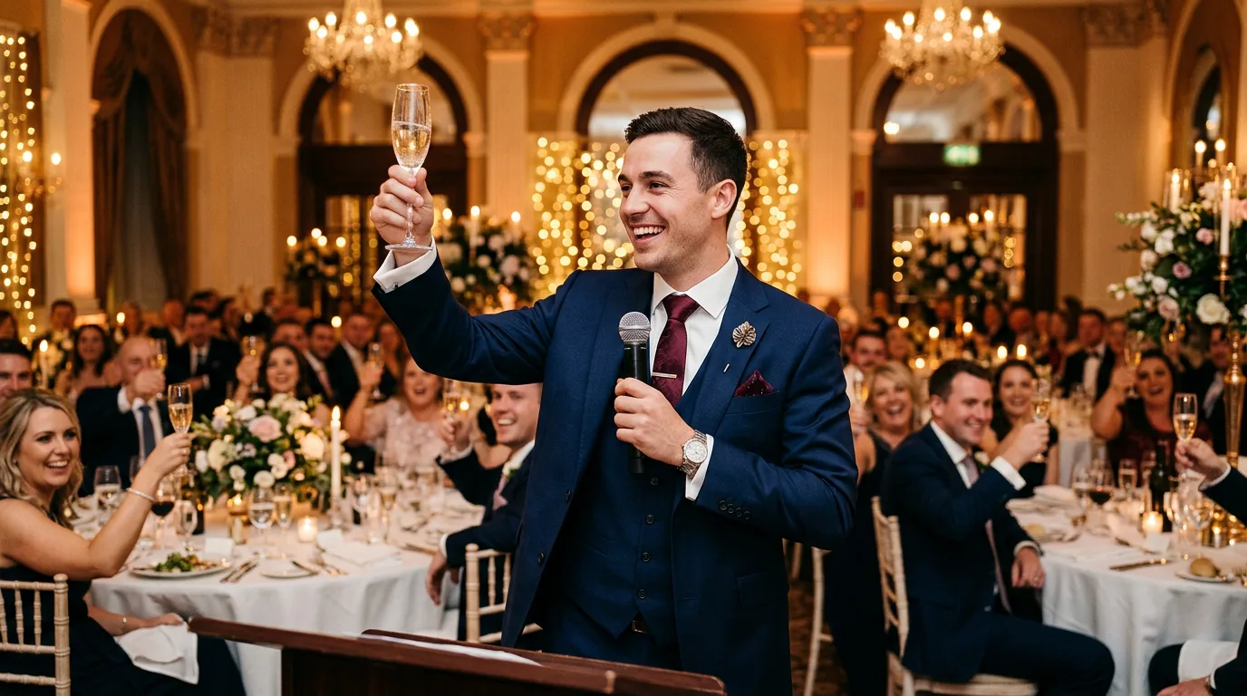Best man giving a toast with a raised champagne glass at an upscale wedding reception