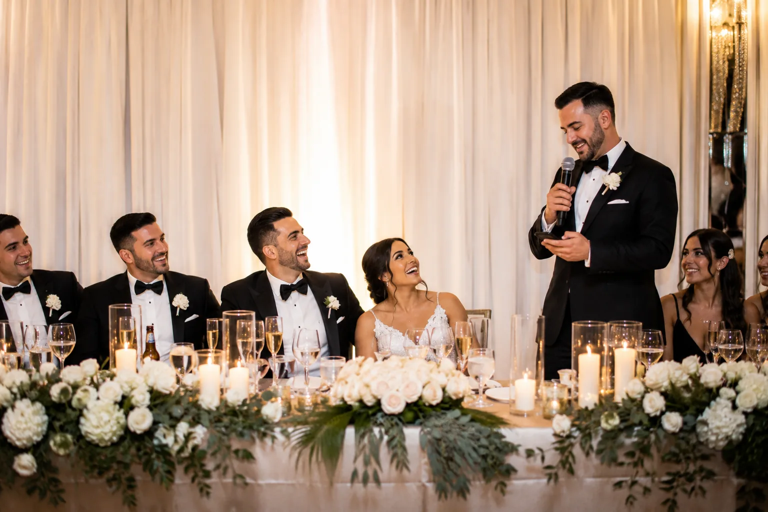 Groom giving a toast at an elegant wedding reception with the bridal party laughing